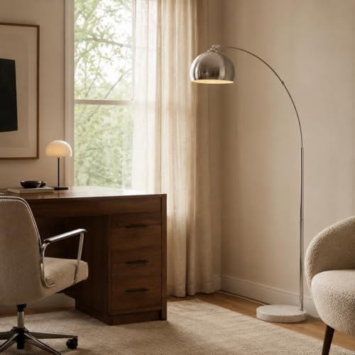Teamson Home Arquer 68.1" Arc Floor Lamp for Living Rooms, Home Offices, Dining Rooms, Bedrooms with Faux White Marble Base and Nickel Bell Shade - Image 3