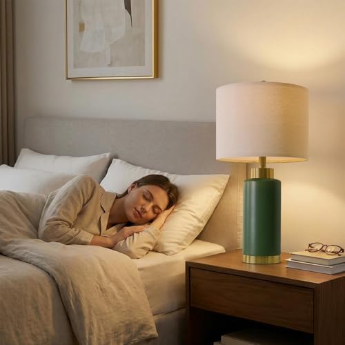 USumkky 25" Green Ceramic Table Lamp Set of 2, Modern Mid-Century Bedside Nightstand Lamps for Bedroom Living Room, Linen Shade & Gold Metal Base, Rotary Switch E26 (Bulbs Excluded) - Image 2