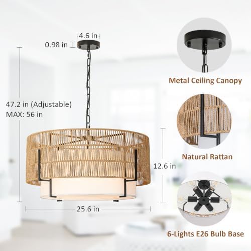 6-Light Large Rattan Chandelier, 25.6" Boho Pendant Light Fixture - Image 2