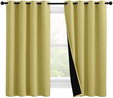 NICETOWN 100% Blackout Curtains with Black Liners, Thermal Insulated Full Blackout 2-Layer Lined Drapes, Noise Cancellation Window Draperies for Dining Room (Paler Yellow, 2 Panels, 55" W by 57" L) by NICETOWN
