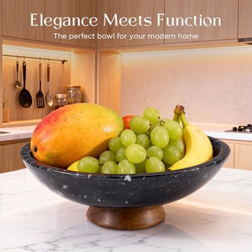 SAMAH Black Marble Fruit Bowl with Acacia Wood Pedestal, Large Decorative Marble Bowl, Natural Stone Fruit Bowl for Kitchen Counter, Entryway, Keys, Dining Table, House Warming Gifts New Home(11Inch) - Image 2