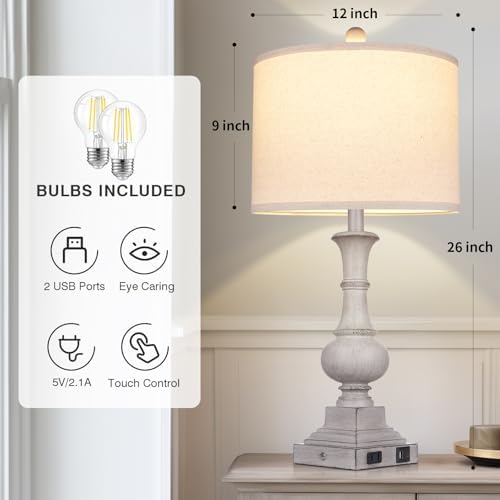 Farmhouse Lamps Set of 2, 26" Vintage Rustic Touch Control Bedside Lamp with USB A+C Ports & AC Outlet, 3-Way Dimmable Boho Nightstand Lamp Washed Resin Linen Fabric Shade for Living Room Bedroom Grey - Image 6