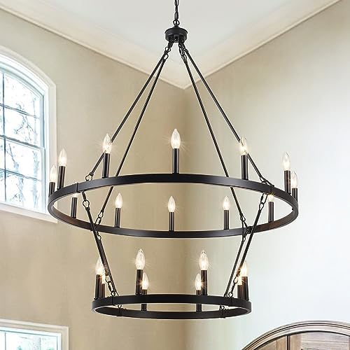 Black Wagon Wheel Chandelier 2 Tier 20-Lights 40 Inch Extra Large Farmhouse Light Fixture Rustic Lighting Round Chandeliers for Dining Room Kitchen Island Foyer Entryway by KOSTOMO
