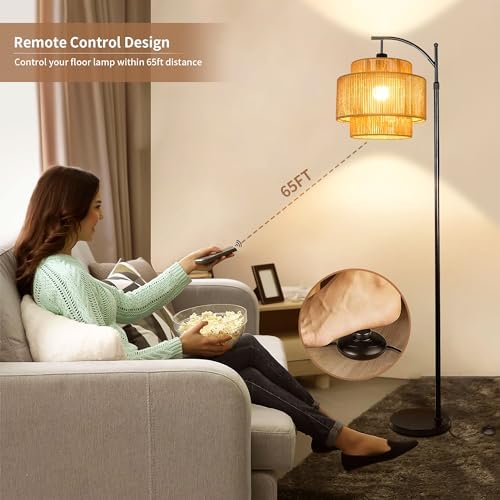 ILLMTW Rattan Floor Lamp for Living Room Bedroom Boho Arc Standing Lamp with Remote Dimmable Black Farmhouse Wicker Bamboo Lamp Shade Floor Light Tall Lamp Industrial Floor Lamps Bohemian Decor - Image 4