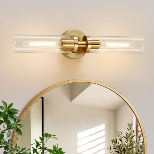 Indoi Brushed Gold Wall Sconces, Hardwired Bathroom Sconces Wall Lighting with Clear Glass, Modern Sconces Wall Light fixtures for Bathroom Mirror Living Room Hallway Bedroom by Indoibrightenyourbathroom
