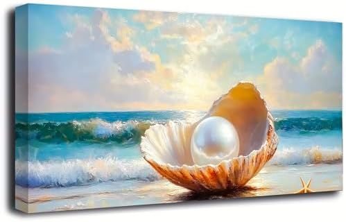 Seashells Pearls Pictures Canvas Wall Art Living Room Office Bedroom Wall Decor Sea Landscape Wall Art Prints Modern Blue and White Landscape Artwork Waterproof Ready to Hang - 20x40 inches by HaichuangDecorArt