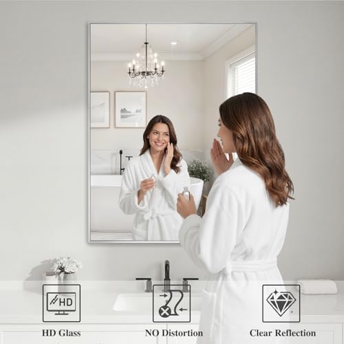 Koonmi Silver Rectangle Wall Mirror, 30x40 Inch Bathroom Mirror, Aluminum Frame Vanity Mirror for Entryway, Living Room, Bedroom Bathroom, Hangs Horizontally or Vertically - Image 3