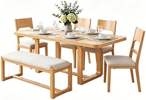 VilroCaz 6-Piece Acacia Wood Dining Table Set, Extendable Rectangular Dining Table with 4 Upholstered Dining Chairs& Bench, Reinforced Stretcher Base for Kitchen and Dining Room (Natural/Beige) by VilroCaz