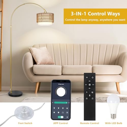 Arc Floor Lamp for bedroom with Rattan & Linen Shades, Gold Floor Lamp with Remote & Dimming Bulb, Rustic Standing Lamp with 3 Color Temperatures, Adjustable Height Farmhouse Tall Lamp for Living Room - Image 5