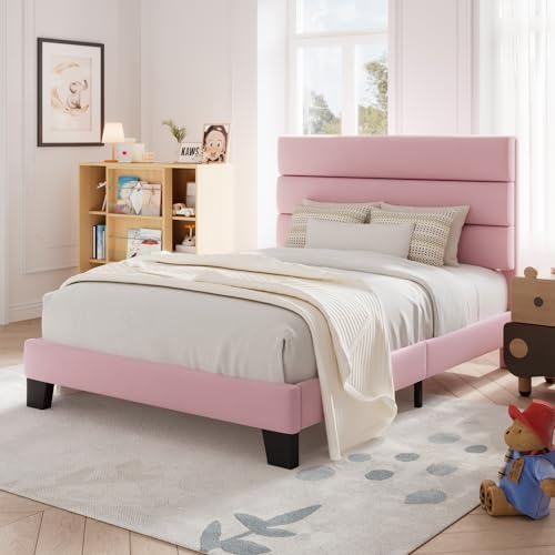 Allewie Twin Size Platform Bed Frame with Velvet Upholstered Headboard Pink - Image 3