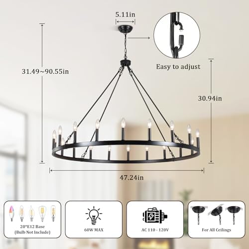 Black Wagon Wheel Chandelier, 20 Light Large Farmhouse Industrial Rustic Chandelier, 48 Inch Round Ceiling Pendant Light for Dining Room Living Room Entryway Foyer - Image 4
