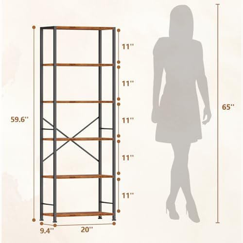 Furologee 6 Tier Bookshelf, Wide Metal Bookcase, Rustic Brown - Image 3