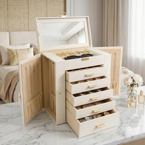 Large Leather Jewelry Box for Women, Mirror, 6 layer, White - Image 6