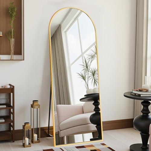 DMWOODFL 58"x18" Arched Full Length Mirror - Floor Standing or Wall Mounted with Stand, Aluminum Frame & Shatter-Proof Glass, Gold Freestanding Mirror for Bedroom, Living Room, Entryway Decor by DMWOODFL