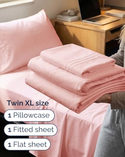 Twin XL 3 Piece Sheet Set - College Dorm Room Essentials - Baby Pink - Image 3