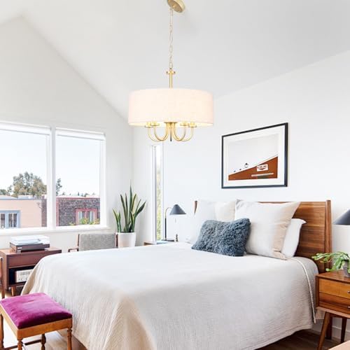 5 Lights Drum Chandelier Gold Farmhouse Chandelier with Shades 19" Large Pendant Light Fixtures Hanging Brass Round Chandeliers for Bedroom Dining Room Over Table Living Room Foyer Kitchen Island - Image 3