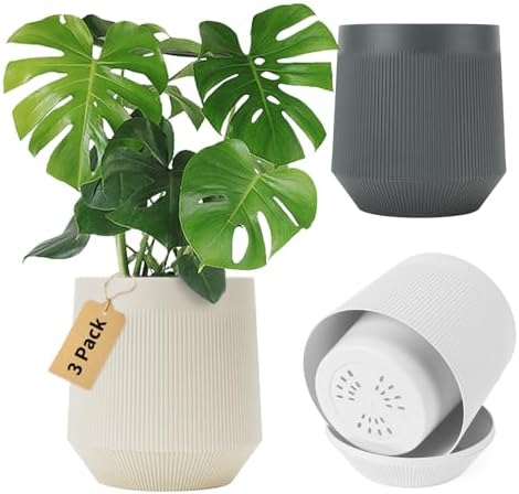 Plant Pots，Set of 3 Plastic Pots for Indoor Plants,Flower Pots Outdoor Planters with Drainage Hole and Seamless Saucer, White,Milky-Yellow,Gray by Designedforplantlovers%E2%80%A6