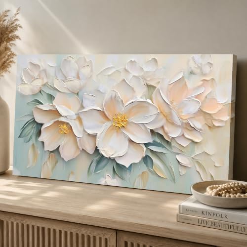 Anolyfi Large White Floral Canvas Wall Art for Living Room Bedroom 40"x20" - Image 5