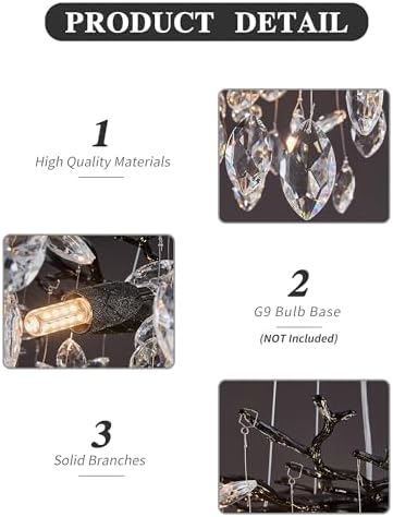 Modern Tree Branch Crystal Chandelier Luxury Blacl Crystal Pendant Lighting 23.6" Contemporary 8-Light Chandeliers for Dining Room Kitchen Bedroom Living Room - Image 3