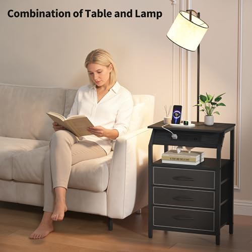 End Table with Floor Lamp Set of 2, Nightstand with Charging Station, Floor Lamp Table with 3-Color Temperature Bulb, Bedside Table Night Stand with 3 Drawers for Bedroom, Living Room, Black - Image 5