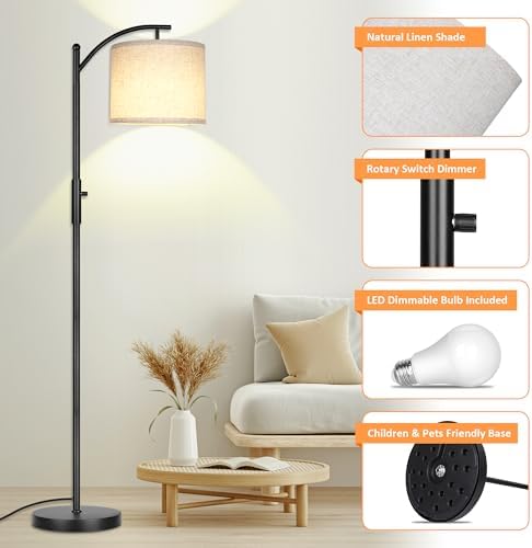 ROTTOGOON Dimmable Floor Lamp, Arc Floor Lamps for Living Room, Stepless Dimming Modern Standing Lamp with Linen Shade, Tall Lamp for Bedroom Office Dining Room- Black - Image 6