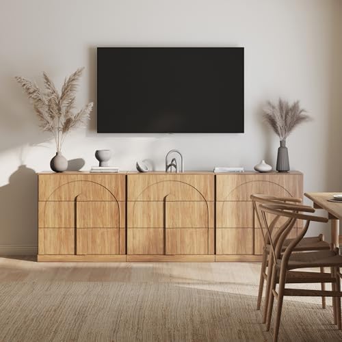 BELLEZE Sideboard Cabinet with 3 Drawers, Set of 3 Modern Wood Buffet Cabinet with Arc Design, Large Fluted Sideboard with Storage for Kitchen Living Room Entryway, Camel by BELLEZE