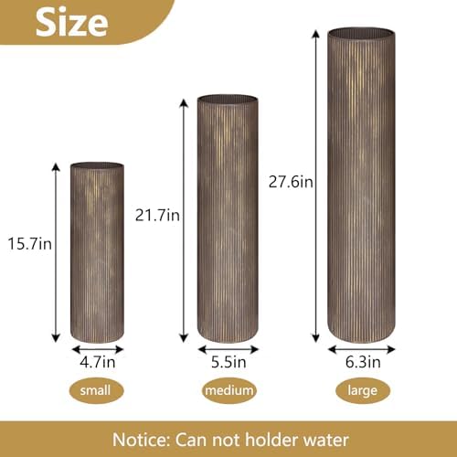 Brown Tall Ribbed Floor Vase - Set of 3 Metal Large Decorative Vases - Image 5