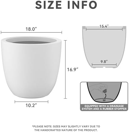 Kante 18 Inch Dia Round Concrete Planter, Indoor Outdoor Large Plant Pot with Drainage Hole and Rubber Plug for Home Patio Garden, Pure White - Image 2