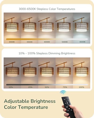 EDISHINE Rattan Arc Floor Lamp with Remote,Gold Farmhouse Standing Lamp - Image 6