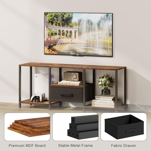JARHETUN TV Stand with Fabric Drawer for 55 Inch TV, Entertainment Center with Open Shelves, Media TV Console Table for Living Room, Bedroom, Rustic Brown - Image 5