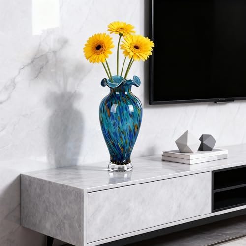 12.2H Murano Hand Blown Glass Vase, Ruffled Scalloped Rim Wide Mouth Colorful Decorative Flower Vase,Large Glass Centerpiece for Living Room,Bathroom,Office,Bookshelf,Entryway,Mantel Decor(Light Blue) - Image 2
