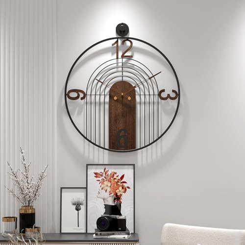 Large Modern Walnut Dial Wall Clock, Wood Metal Frame Silent Non Ticking Decoration Wall Clocks for Living Room, Bedroom, Kitchen, Study, Handmade Home Decor Gift Idea, 26.4 Inch by VIVIFLYSE