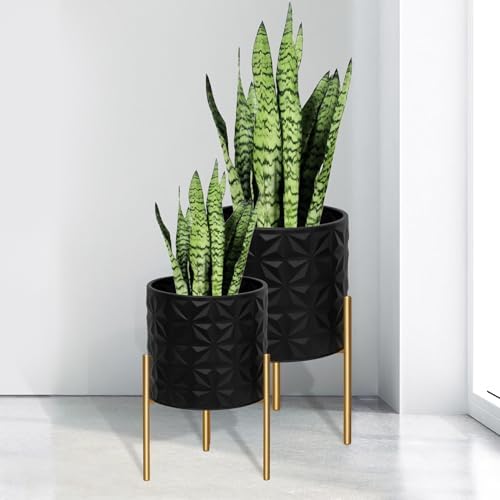 ARNIS Modern Planter Pots, Set of 2 Large Planters with Stand, Decorative Planters, Metal Pots with Drainage Holes for Living Room, Office, Garden or Balcony, 8.25 &10.5 Inch, Matte Black by ARNIS