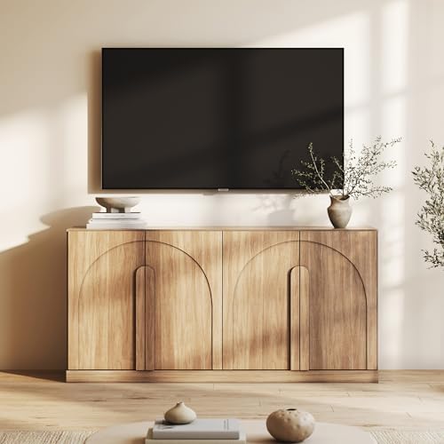 BELLEZE Bijou 64" Modern Buffet Sideboard, Mid-Century Arch Carved Wood Door Cabinet, Textured Storage Console for Living Room, Kitchen, Entryway - Camel - Image 5