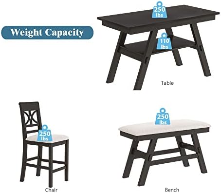 Heavy Solid Wood 6-Piece Counter Height Dining Table Set, Farmhouse Rustic Kitchen Dining Room Table Set with Padded 4 Chairs and Bench, 60 In Triangular Table with Storage Shelf (Espresso-T) - Image 6