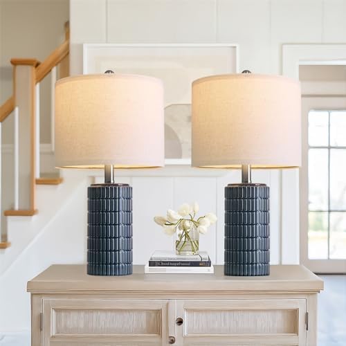 PoKat 20.75" Small Blue Table Lamps, Farmhouse Bedside Lamps for Bedroom Set of 2, Ceramic End Table Lamps for Night Stands Living Room, Modern Nightstand Desk Lamps, Dark Blue by Pokat