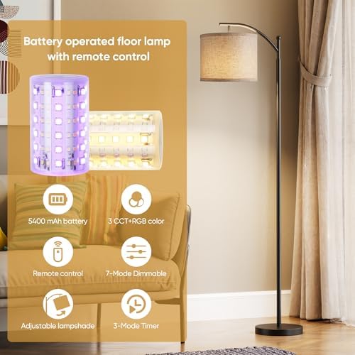 Battery Operated Floor Lamp, RGB Dimmable Cordless Standing Lamp with Remote Control for Living Room, Tall Floor Lamp for Bedroom -Black - Image 2