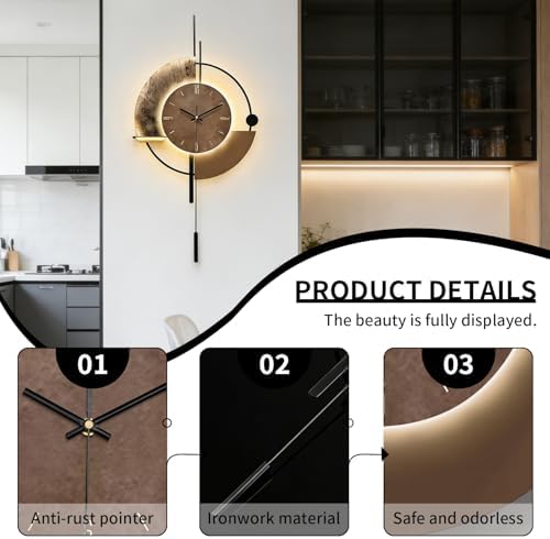 SIN&MI Wall Clock with Light,Decorative Wall Clocks with Pendulum,Silent Quality Quartz Clock Battery Operated,Large Clock for Living Room,Kitchen,Home,Bedroom Wall Decor,16.5 * 31.5 Inch - Image 3