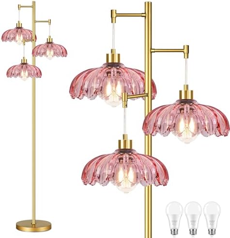 QIYIZM Pink Floor Lamp for Living Room,Bedroom,Gold Mid Century Modern Standing Lamp Brass Tree 3 Light Tall Floor Lamps Vintage Retro Floor Lights Glass Flower Lamp Shade Farmhouse Boho Bohemian by QIYIZM