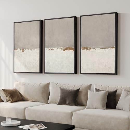 Large Framed Modern Taupe Abstract Wall Art for Living Room, Set of 3 24x36 by Cuspin