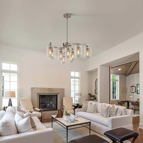 CNRATYE 9-Light Brushed Nickel Glass Chandelier, Adjustable Height Hanging Industrial Dining Room Chandelier Over Table, Modern Farmhouse Chandelier for Kitchen Island Living Room Entryway Bedroom - Image 4