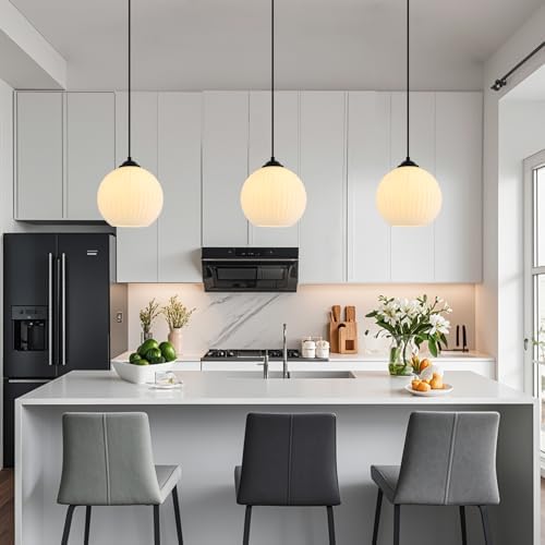 KCO Farmhouse Vintage Black 7.9” Ribbed Milk Glass Pendant Lights Set of 2 - Image 5