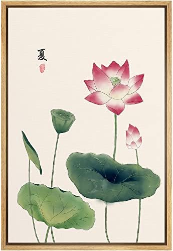 NWT Framed Canvas Print Wall Art Japanese Style Watercolor Pink Lotus Flowers Floral Plants Illustrations Modern Art Rustic Scenic Colorful Pastel for Living Room, Bedroom, Office - 16"x24" Natural by NWT