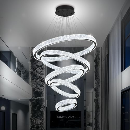 Modern Large 5 Ring Chandelier for High Ceiling Foyer, Luxury Black Crystal Ring Chandeliers Staircase Villa, D8''+15.7"+23.6"+31.5"+39.4", Dimmable LED 3000K-6000K by IDEQUY