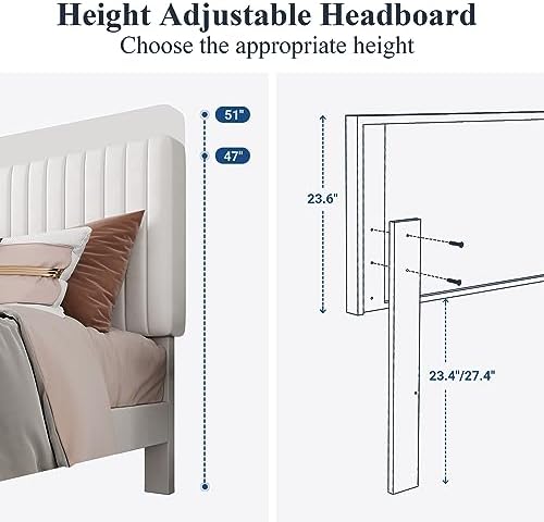 Allewie Queen Bed Frame, Velvet Upholstered Platform Bed with Adjustable Vertical Channel Tufted Headboard, Mattress Foundation with Strong Wooden Slats, Box Spring Optional, Easy Assembly, Off-White - Image 6