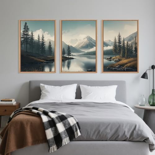 LHIUEM Large Mountain Misty Forest Framed Canvas Wall Art,Nature Ridge Foggy Wall Decor,Snow Lake Woodland Wall Painting,Pine Tree Artwork for Living Room,Bedroom,Dining Room,Office -16"x24"x3 - Image 5