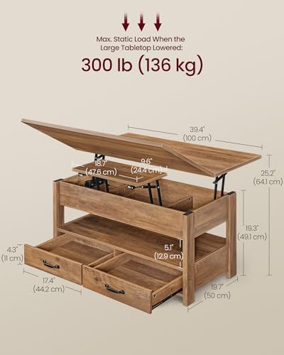VASAGLE Lift Top Coffee Table, 3 in 1 Center Table with Storage, 2 Drawers - Image 3