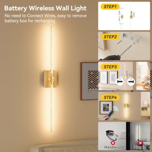 Battery Operated Wall Sconces Set of 2, Remote, 10000mAh, Gold, Bubble - Image 4