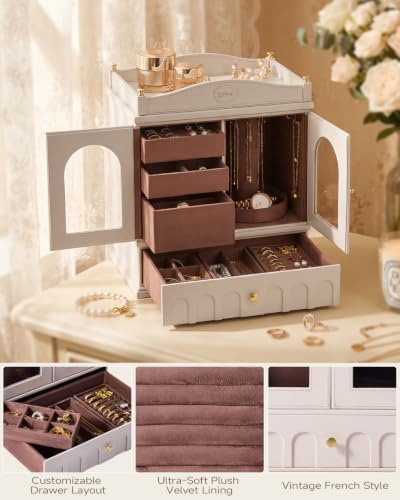 Jewelry Box Organizer, French Vintage Jewelry Organizer Box with 360° Rotating Necklace Hangers, 4 Drawers, Removable Tray Design, Jewelry Storage Display for Women, Off-White - Image 5
