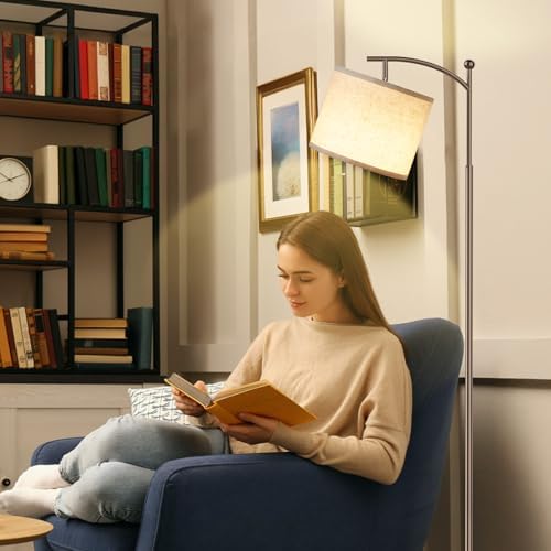 Ambimall 60" Floor Lamp for Living Room with 3 Color Temperatures, Adjustable Beige Shade with Brown Pole, Tall Lamp for Bedroom Office Classroom Dorm Room, 9W Bulb Included - Image 4